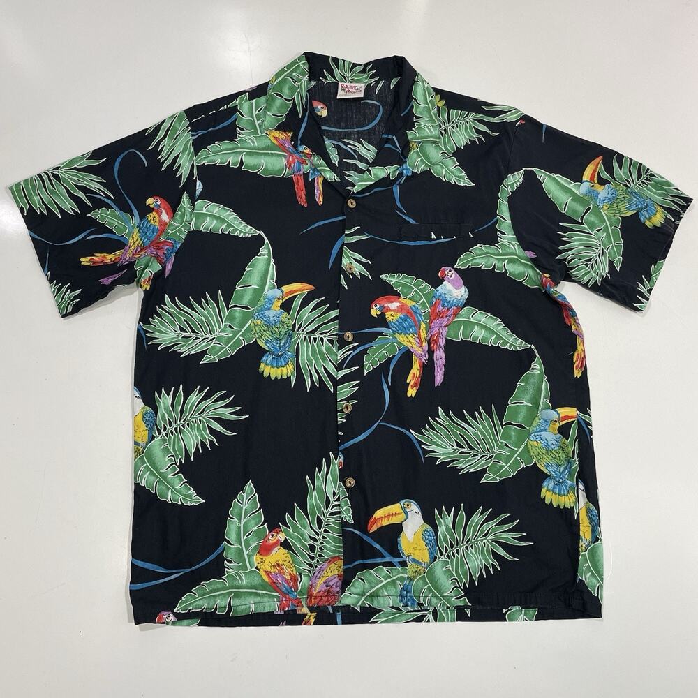 VTG Barefoot In Paradise Hawaiian Shirt Mens Large Parrot Birds Toucans USA Made
